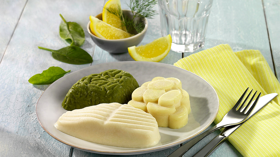 püriertes Gericht und geformt zu Lachs, Kartoffeln und Gemüse