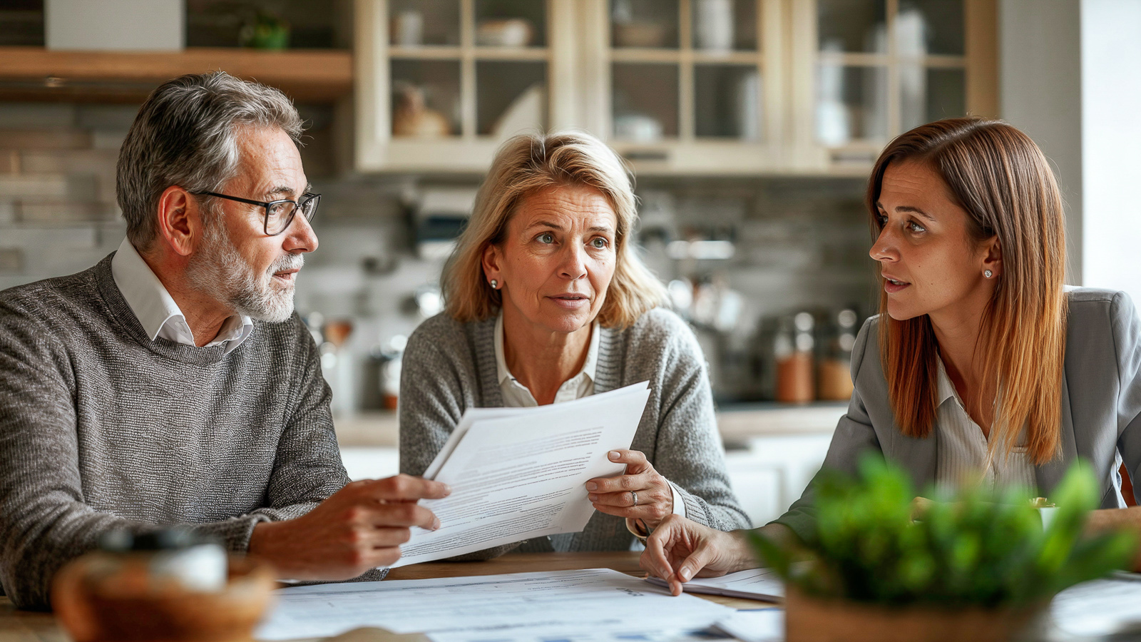 Ein Paar lässt sich zuhause zu Pflegeleistungen beraten.