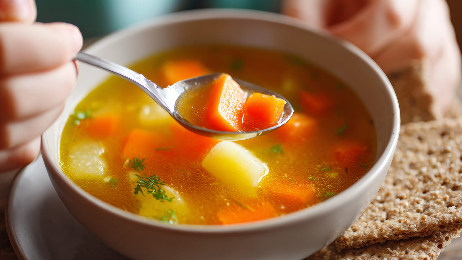 Nahaufnahme einer Schüssel mit hausgemachter Gemüsebrühe mit Kartoffeln und Möhren und Vollkorncracker als Beilage.