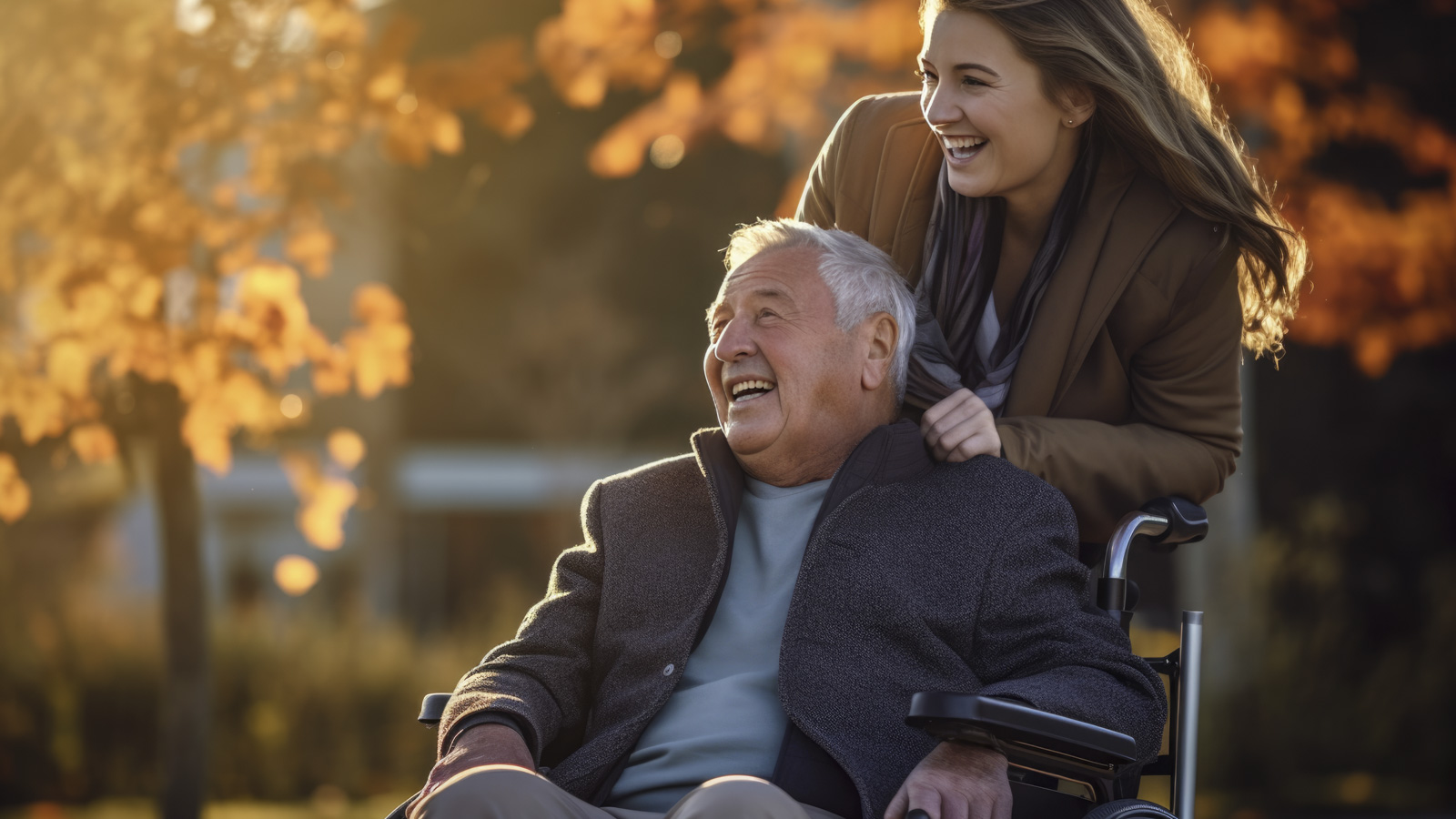 Ein im Rollstuhl sitzender Senior ist mit seiner Tochter an einem Herbsttag draußen im Park und lächelt.
