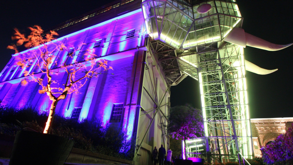 Beleuchtetes Gebäude eines gläsernen Elefanten in Hamm bei Nacht