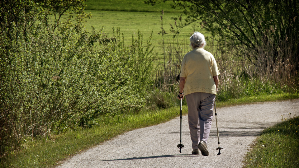 Ältere Frau geht auf einem Weg durch eine grüne Landschaft